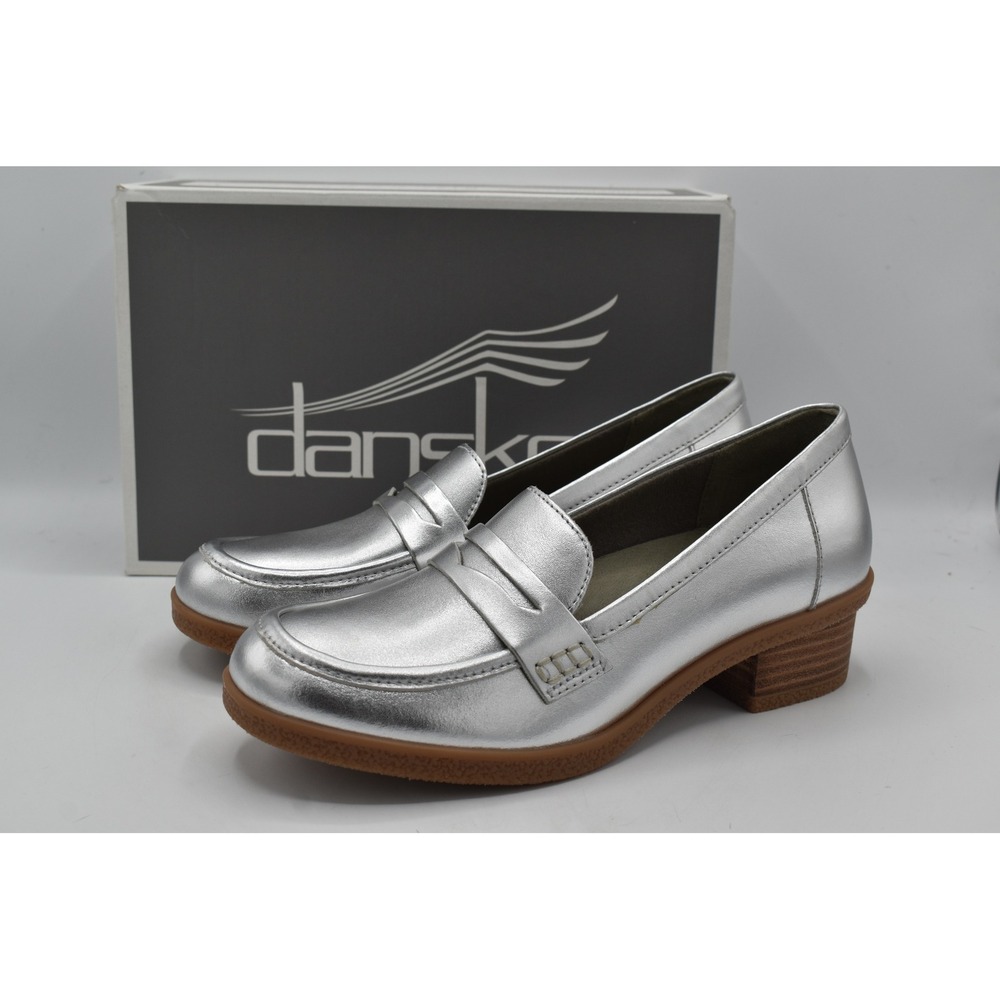 Dansko Danica Penny Loafers Women EU 38 Silver Metallic Leather Block Heel Shoes